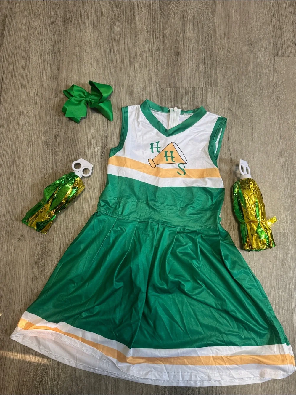 Green Cheerleader Costume Dress with Pom-Poms and Bow - Kids